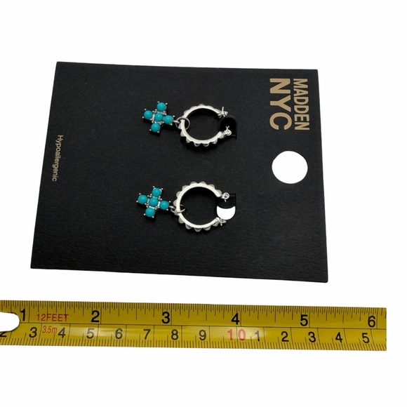 Silver Huggie Hoop Earrings Blue Cross Charm Dangle - Picture 9 of 10